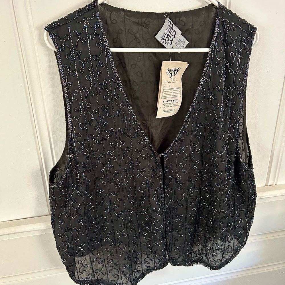 Vintage Beaded Black Vest Top